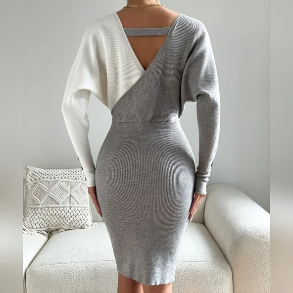 Frenchy Two Tone Cuff Rib-knit Cut Out Back Sweater Dress
